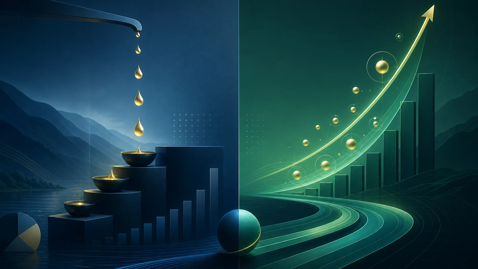 Illustration éditoriale comparant deux chemins d’investissement ETF, distribution de revenus et capitalisation long terme.